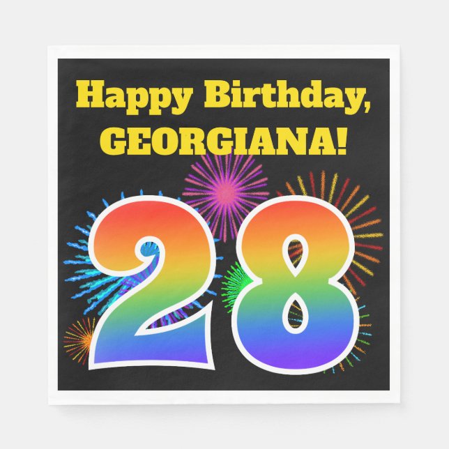 Fun Fireworks + Rainbow Pattern "28" Birthday # Napkins (Front)