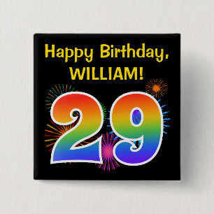 Fun Fireworks + Rainbow Pattern "29" Birthday # Button