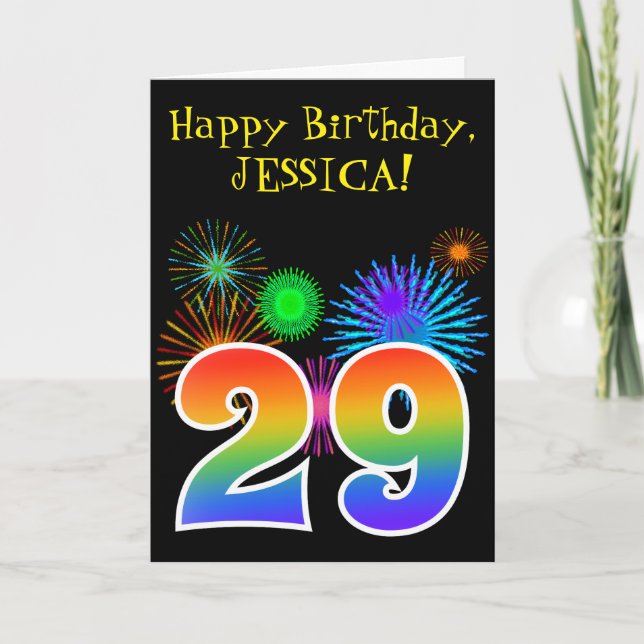 Fun Fireworks + Rainbow Pattern "29" Birthday # Card (Front)
