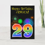[ Thumbnail: Fun Fireworks + Rainbow Pattern "29" Birthday # Card ]