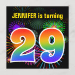 [ Thumbnail: Fun Fireworks + Rainbow Pattern "29" Birthday # Invitation ]