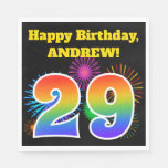 [ Thumbnail: Fun Fireworks + Rainbow Pattern "29" Birthday # Napkins ]