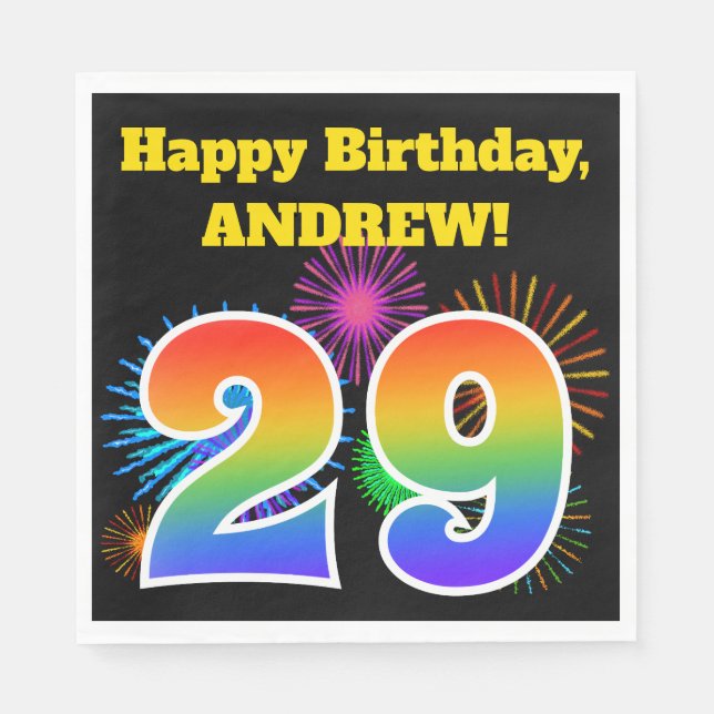 Fun Fireworks + Rainbow Pattern "29" Birthday # Napkins (Front)
