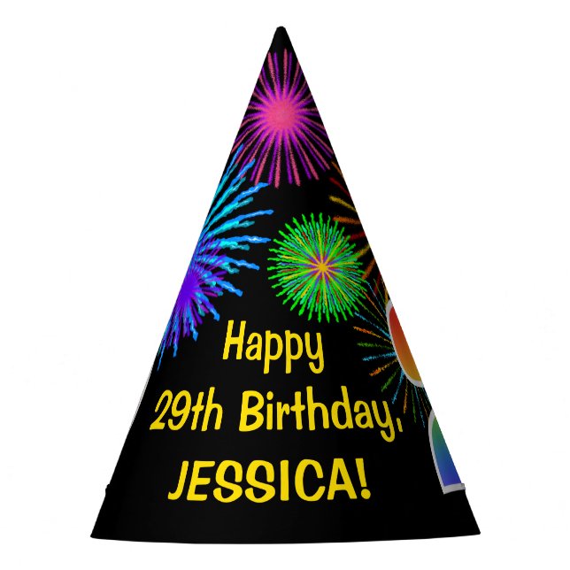 Fun Fireworks + Rainbow Pattern "29" Birthday # Party Hat (Front)