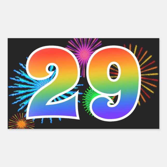 Fun Fireworks + Rainbow Pattern "29" Event Number Rectangular Sticker (Front)