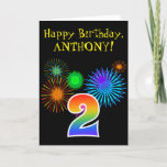 [ Thumbnail: Fun Fireworks + Rainbow Pattern "2" Birthday # Card ]