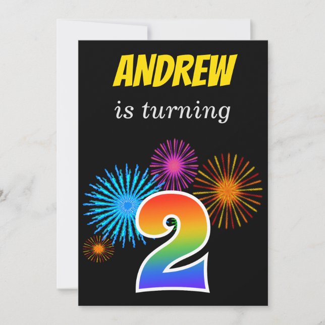 Fun Fireworks + Rainbow Pattern "2" Birthday # Invitation (Front)