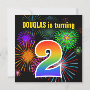 Fun Fireworks + Rainbow Pattern "2" Birthday # Invitation