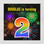 [ Thumbnail: Fun Fireworks + Rainbow Pattern "2" Birthday # Invitation ]