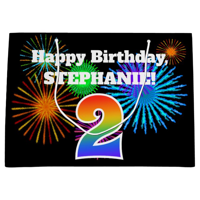 Fun Fireworks + Rainbow Pattern "2" Birthday # Large Gift Bag (Front)