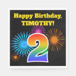[ Thumbnail: Fun Fireworks + Rainbow Pattern "2" Birthday # Napkins ]