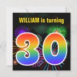 [ Thumbnail: Fun Fireworks + Rainbow Pattern "30" Birthday # Invitation ]