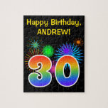 [ Thumbnail: Fun Fireworks + Rainbow Pattern "30" Birthday # Jigsaw Puzzle ]