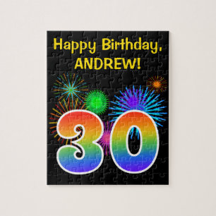Fun Fireworks + Rainbow Pattern "30" Birthday # Jigsaw Puzzle