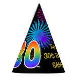 [ Thumbnail: Fun Fireworks + Rainbow Pattern "30" Birthday # Party Hat ]