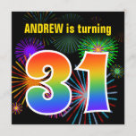 [ Thumbnail: Fun Fireworks + Rainbow Pattern "31" Birthday # Invitation ]