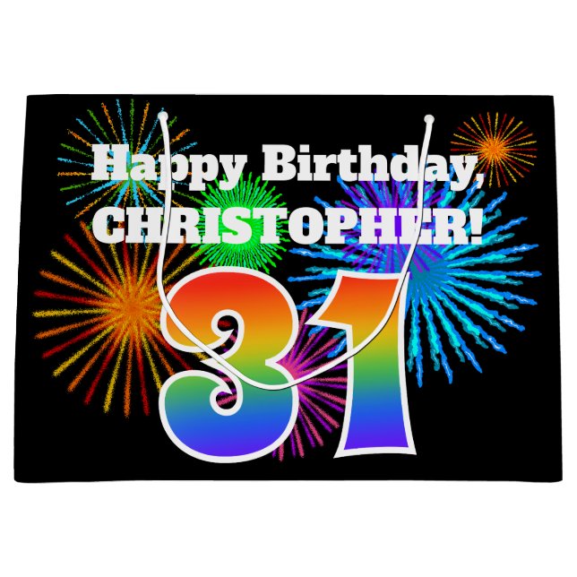 Fun Fireworks + Rainbow Pattern "31" Birthday # Large Gift Bag (Front)