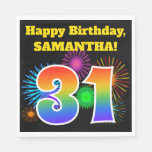 [ Thumbnail: Fun Fireworks + Rainbow Pattern "31" Birthday # Napkins ]