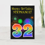 [ Thumbnail: Fun Fireworks + Rainbow Pattern "32" Birthday # Card ]