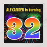 [ Thumbnail: Fun Fireworks + Rainbow Pattern "32" Birthday # Invitation ]