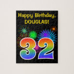 [ Thumbnail: Fun Fireworks + Rainbow Pattern "32" Birthday # Jigsaw Puzzle ]