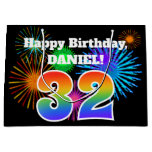 [ Thumbnail: Fun Fireworks + Rainbow Pattern "32" Birthday # Gift Bag ]