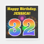 [ Thumbnail: Fun Fireworks + Rainbow Pattern "32" Birthday # Napkins ]