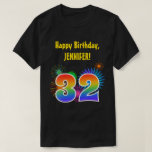 [ Thumbnail: Fun Fireworks + Rainbow Pattern "32" Birthday # T-Shirt ]