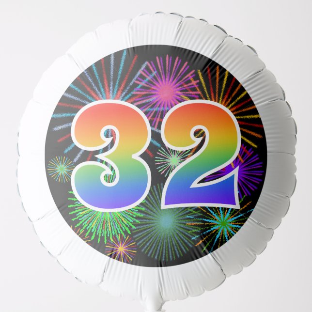 Fun Fireworks + Rainbow Pattern "32" Event # Balloon (Front)