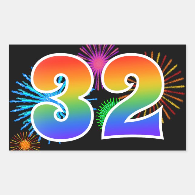 Fun Fireworks + Rainbow Pattern "32" Event Number Rectangular Sticker (Front)