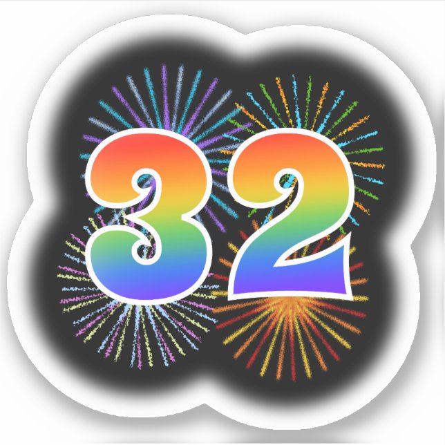 Fun Fireworks + Rainbow Pattern "32" Event # Sticker (Front)