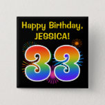 [ Thumbnail: Fun Fireworks + Rainbow Pattern "33" Birthday # Button ]