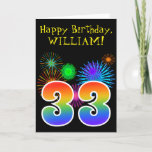 [ Thumbnail: Fun Fireworks + Rainbow Pattern "33" Birthday # Card ]