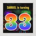 [ Thumbnail: Fun Fireworks + Rainbow Pattern "33" Birthday # Invitation ]