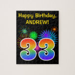 [ Thumbnail: Fun Fireworks + Rainbow Pattern "33" Birthday # Jigsaw Puzzle ]
