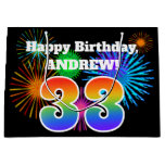 [ Thumbnail: Fun Fireworks + Rainbow Pattern "33" Birthday # Gift Bag ]