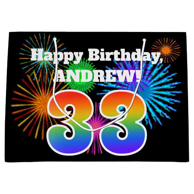 Fun Fireworks + Rainbow Pattern "33" Birthday # Large Gift Bag (Front)