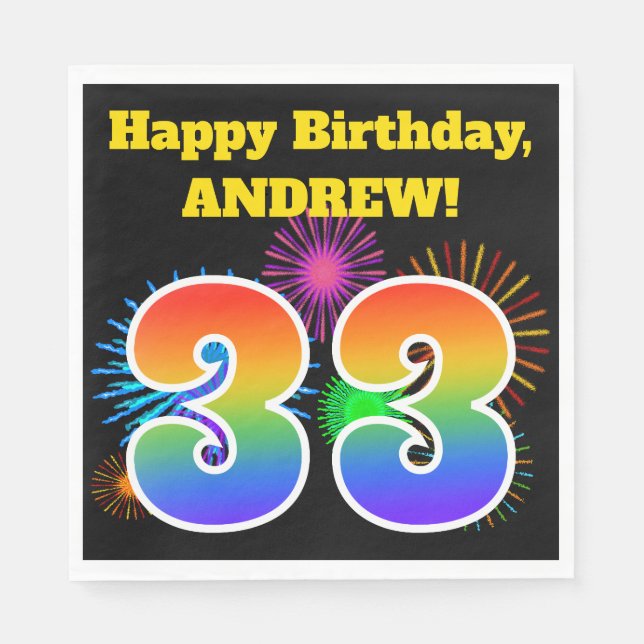 Fun Fireworks + Rainbow Pattern "33" Birthday # Napkins (Front)