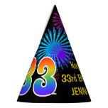 [ Thumbnail: Fun Fireworks + Rainbow Pattern "33" Birthday # Party Hat ]