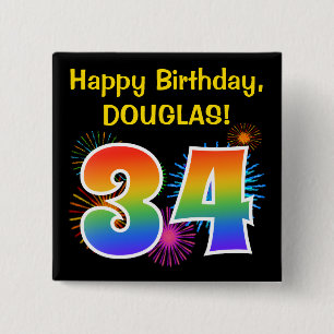 Fun Fireworks + Rainbow Pattern "34" Birthday # Button