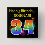 [ Thumbnail: Fun Fireworks + Rainbow Pattern "34" Birthday # Button ]
