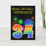 [ Thumbnail: Fun Fireworks + Rainbow Pattern "34" Birthday # Card ]