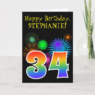 Fun Fireworks + Rainbow Pattern "34" Birthday # Card