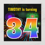 [ Thumbnail: Fun Fireworks + Rainbow Pattern "34" Birthday # Invitation ]