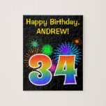 [ Thumbnail: Fun Fireworks + Rainbow Pattern "34" Birthday # Jigsaw Puzzle ]