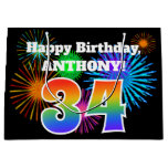 [ Thumbnail: Fun Fireworks + Rainbow Pattern "34" Birthday # Gift Bag ]