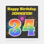 [ Thumbnail: Fun Fireworks + Rainbow Pattern "34" Birthday # Napkins ]