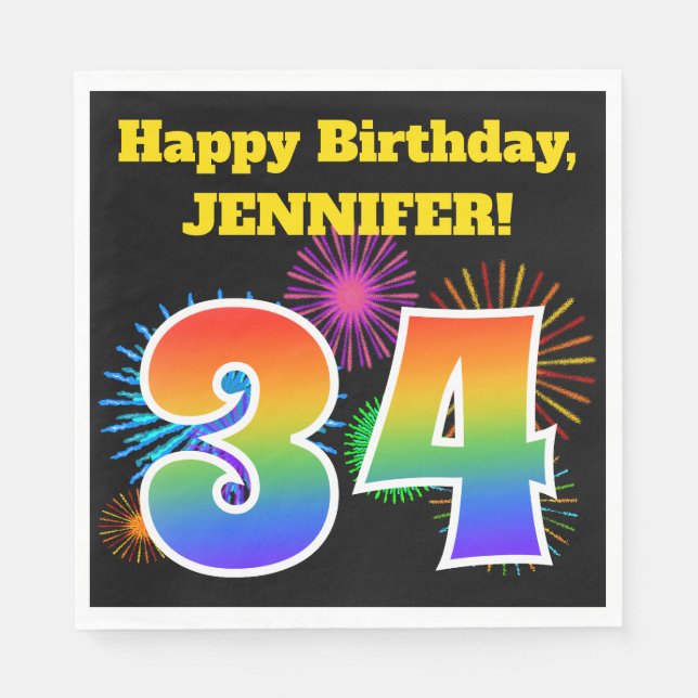 Fun Fireworks + Rainbow Pattern "34" Birthday # Napkins (Front)