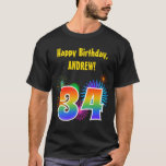[ Thumbnail: Fun Fireworks + Rainbow Pattern "34" Birthday # T-Shirt ]