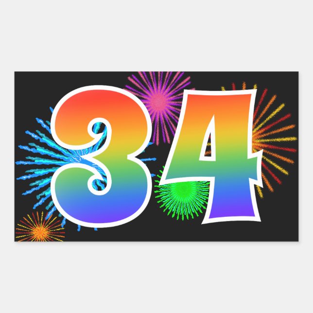 Fun Fireworks + Rainbow Pattern "34" Event Number Rectangular Sticker (Front)